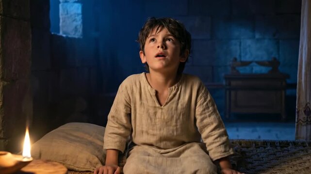 Young Prophet Samuel Hearing God's Call in Dimly Lit Tabernacle at Night