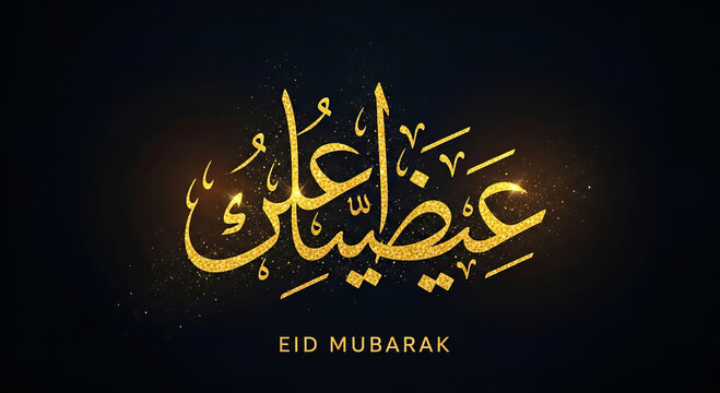 Elegant golden glitter arabic calligraphy for eid mubarak celebration on dark black background with shimmering sparkles and luxury festive typography for holiday