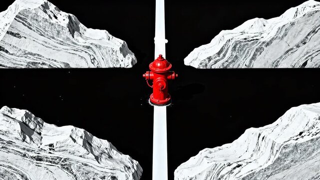 Red fire hydrant on white line with black and white rocks