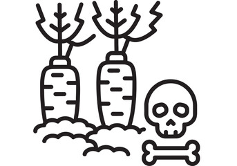 Fototapeta premium Carrots warning icon with toxic contamination symbol, skull and crossbones near root vegetables in soil, black outline line art for food safety and hazard sign