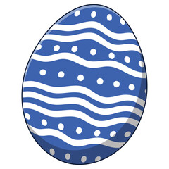 Decorated blue easter egg featuring elegant white wavy stripes and small polka dot patterns, festive holiday design