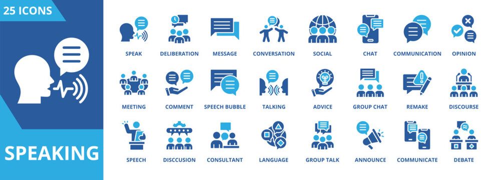 
Speaking icon collection set. Containing speak, deliberation, conversation, social, chat, communication, opinion, meeting icon. Simple flat vector