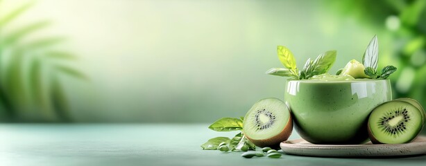 Fresh kiwi smoothie in green bowl with mint.