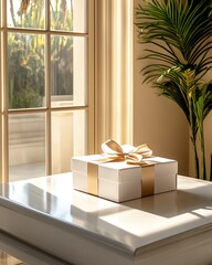 Gift box on table by sunny window.