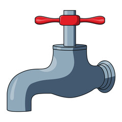 Shiny metal water faucet with a distinctive red cross-shaped handle, cartoon illustration on white background