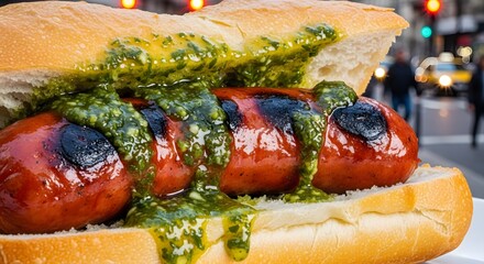 Grilled chorip&aacute;n sandwich with chimichurri sauce in urban setting