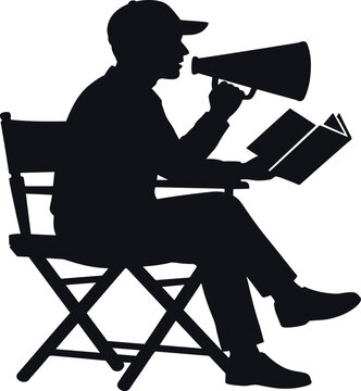 Black Silhouette Vector of a Film Director Sitting in a Chairs Holding a Megaphone and Reading a Script or Movie Production Screenplay