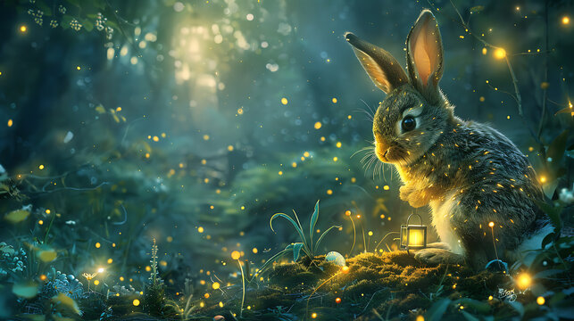 Enchanting bunny with glowing lantern in mystical forest at night. Golden fireflies, soft moonlight and magical sparkles create dreamy fantasy woodland scene with peaceful atmosphere