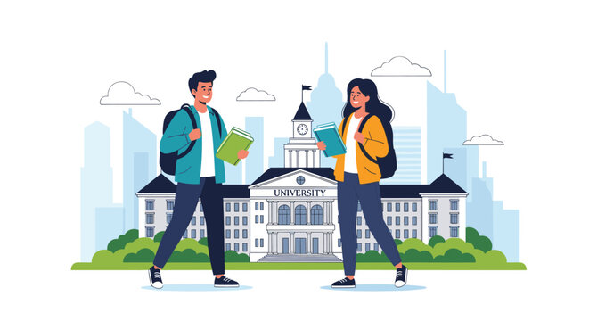 University students man and woman with books and backpacks standing before campus building for higher education.