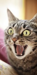 Tabby cat with wide eyes expressing surprise
