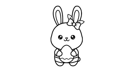 Obraz premium Cute Easter bunny mascot vector, smiling rabbit holding decorated egg, soft pastel palette, rounded shapes, kawaii style, flat cartoon illustration