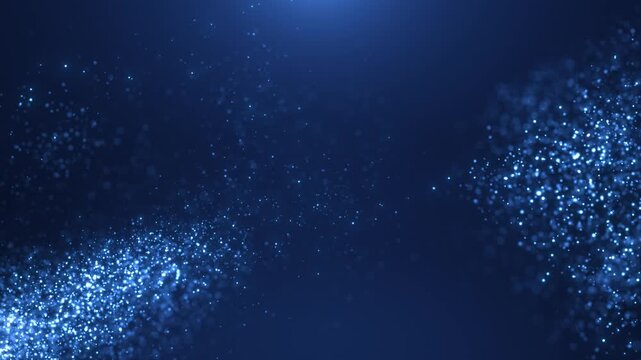 Blue sparkling particles rising from corner on dark background, elegant glowing dust motion creating calm luxury atmosphere for abstract visuals.