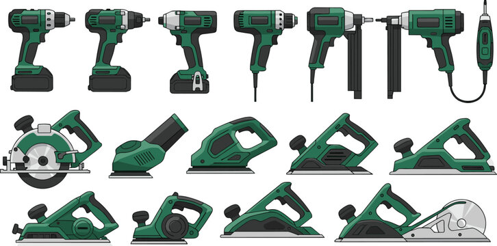 Electric power tools collection with cordless drills circular saw planer sander and trimmer detailed set
