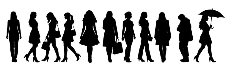 Black Silhouettes of Diverse Women Walking Standing and Shopping Isolated on a Transparent  Background