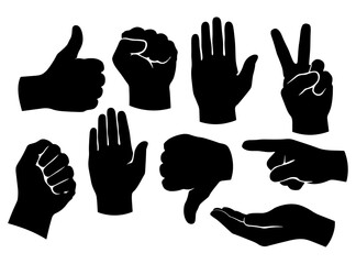 Fototapeta premium Human Hand Gesture Silhouettes Set Including Thumbs Up Thumbs Down Fist Peace Sign and Pointing Finger
