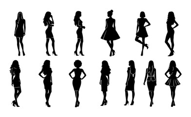 Obraz premium Collection Of Fashionable Woman Silhouettes Standing In Various Poses Wearing Elegant Dresses And High Heels