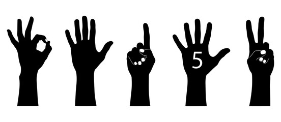 Fototapeta premium Silhouette Of Five Human Hand Gestures Including OK Sign Peace Sign And Pointing Finger Isolated On Transparent Background