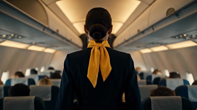 Cinematic shot from behind a professional female flight attendant walking slowly and gracefully down the airplane aisle.