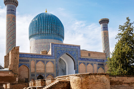 Beautiful Gur-e-Amir Mausoleum in Samarkand, Uzbekistan. Exterior view on sunny day. Guri Amir.