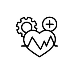 Line art icon representing heart health optimization, featuring an ECG heartbeat, a gear, and a plus sign, symbolizing medical care and vital sign management