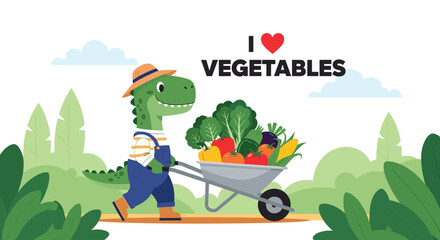Friendly green dinosaur gardener wearing a hat and overalls pushes a heavy wheelbarrow overflowing with fresh and healthy harvest vegetables.