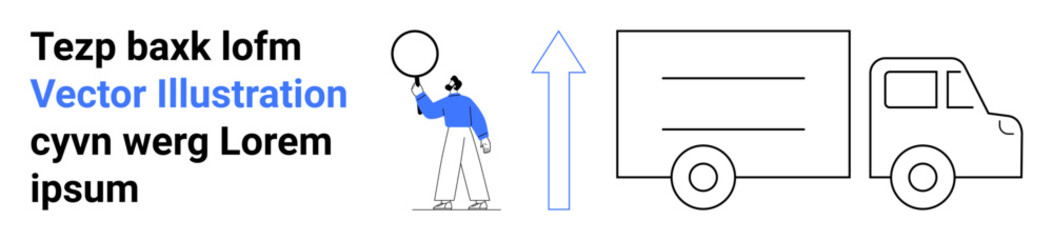 Delivery truck outlined, upward arrow symbolizes progress, person holding a balloon adds a playful touch. Ideal for logistics, shipping, growth, progress, transportation, online business simple © robu_s