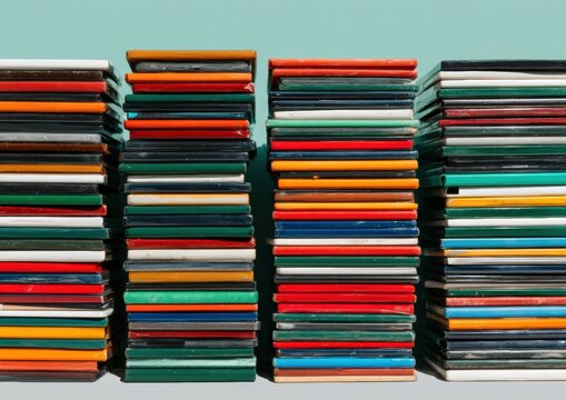 Stacks of vintage Zip disks and MiniDiscs arranged in a neat geometric pattern on a grey studio surface for retro technology and obsolete magnetic storage media concepts