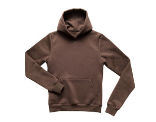 A plain brown hooded sweatshirt, laid flat on a black background