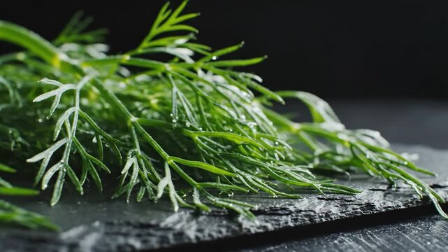 Fresh dill herb cluster with water droplets resting on a dark stone slate, showcasing its vibrant green texture for culinary use