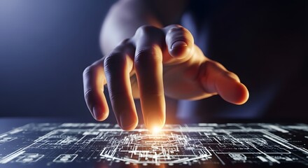 Hand touching glowing circuit board interface in dark futuristic setting