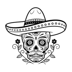 Day of the Dead skull in sombrero, decorative illustration