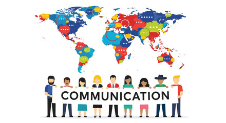 Fototapeta premium Diverse multiracial group of professionals holding a communication banner beneath a colorful world map filled with speech bubbles.
