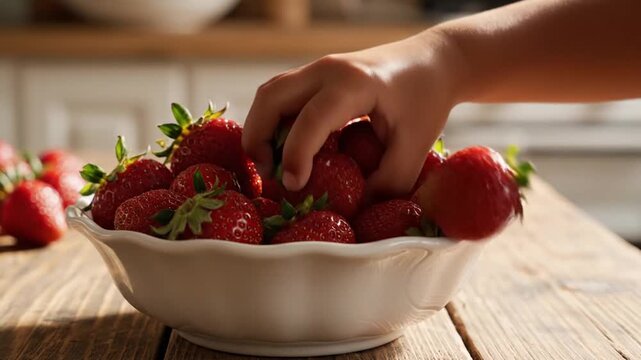 Child's hand reaching for fresh strawberries