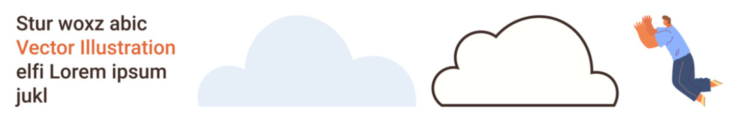 Learning, creativity, imagination, childhood, cloud gazing, abstract concepts. Outlined and filled cloud shapes alongside a person jumping with a book. Learning and creativity exploration © robu_s