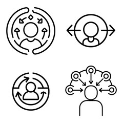 Fototapeta premium Icons representing connection, feedback, and decision making with a central person figure.