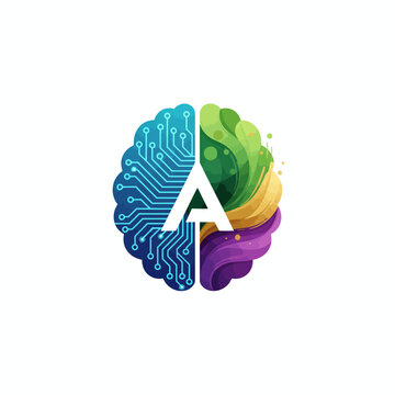 Brain divided into colorful sections representing technology and nature from a front viewpoint