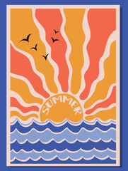 Fototapeta premium Sun and sea. Groovy, hippie summer card. Abstract retro poster in naive style. Seventies, groovy background. Hippie Aesthetic. Vector print