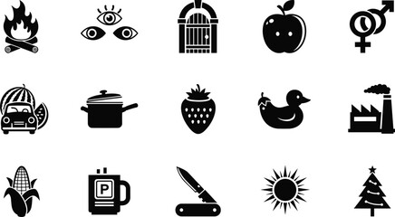 Black silhouette icon set with campfire, apple, factory, duck, sun and assorted everyday symbols vector collection