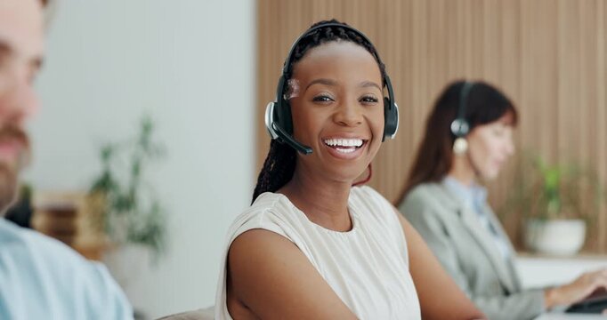 Headset, team and face of woman in call center for lead generation, online sales or about us. Telemarketing, coworking or happy consultant with microphone for outbound assistance or product knowledge