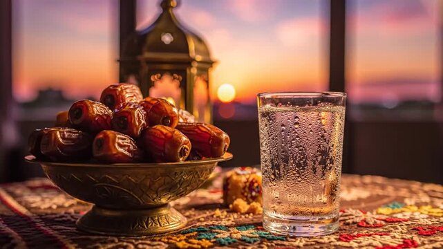 Dates in a decorative bowl and a glass of water are displayed for iftar celebration during a warm sunset for marketing campaigns.