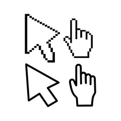 Fototapeta premium Pixel mouse cursor and hand pointer icon. Clipart image isolated on white background.