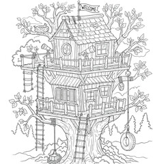 Obraz premium Amazing wooden treehouse with welcome sign telescope and swing for kids fun