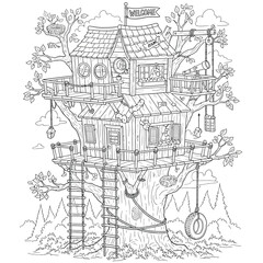 Fototapeta premium Amazing wooden treehouse with welcome sign telescope and swing for kids fun