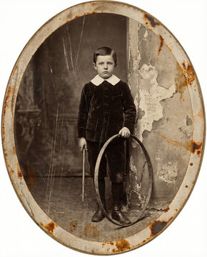 Antique oval tintype photo of a boy in velvet suit holding a hoop toy. Vintage rusted metal texture with scratches, stains and grunge.
