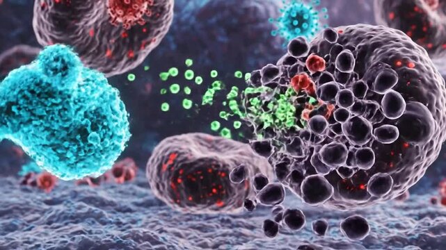 Depiction of a Natural Killer Cell Destroying Cancer Cells with Cytotoxicity