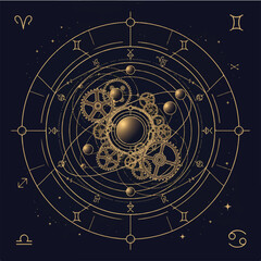 Golden Steampunk Astrolabe and Celestial Clockwork Map Illustration - Vintage Zodiac Gear Mechanism © Mr. Akash