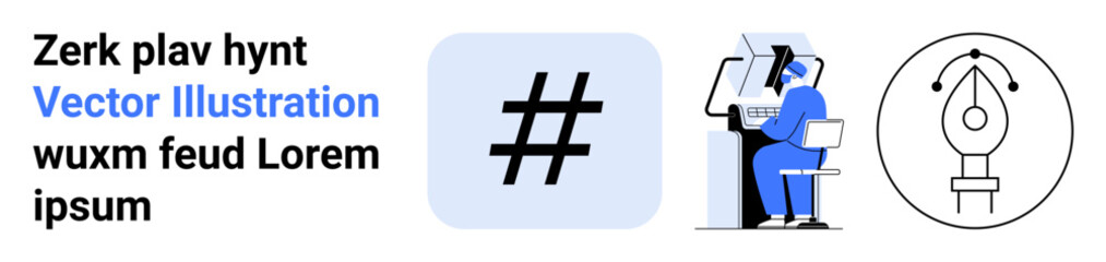 Fototapeta premium Man working on computer at desk, large metadata tag symbol, pen tool icon. Ideal for branding, social media, graphic design, content creation, creativity, teamwork simple landing page