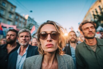 Fototapeta premium Group of activists protesting on city streets during a peaceful demonstration, advocacy movement and community gathering for social change with blue sky background