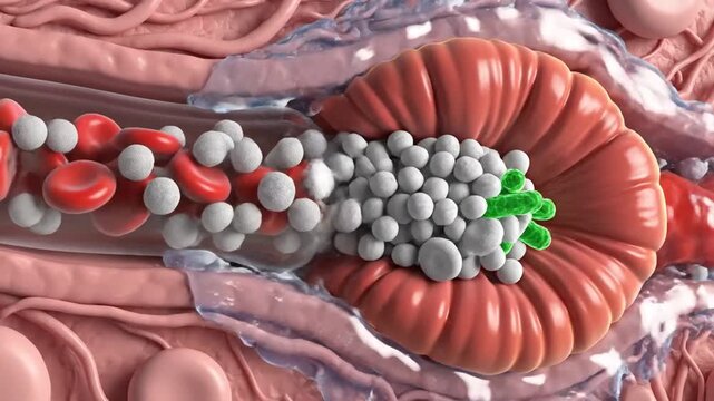 Detailed microscopic view depicting cells and a bacterial infection in human tissue