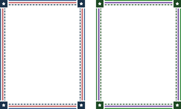 Set of two decorative borders frames with stars and stripes pattern in red, white, blue and green colors, patriotic or festive design elements